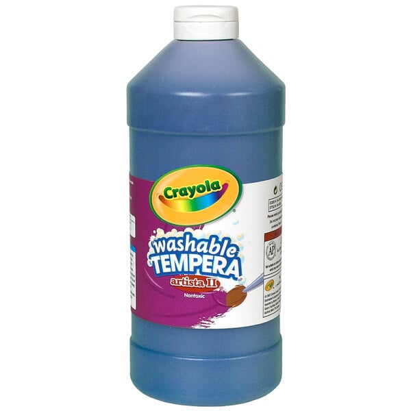 A blue Crayola Artista II tempera paint bottle.
