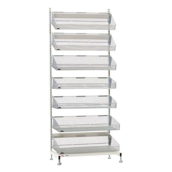 A metal Metro qwikSIGHT rack with seven baskets.