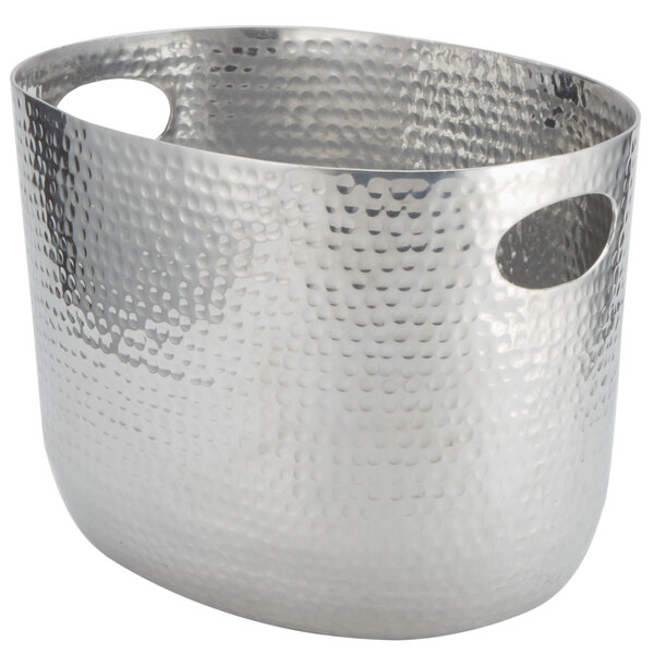 An American Metalcraft silver aluminum beverage tub with hammered texture and handles.