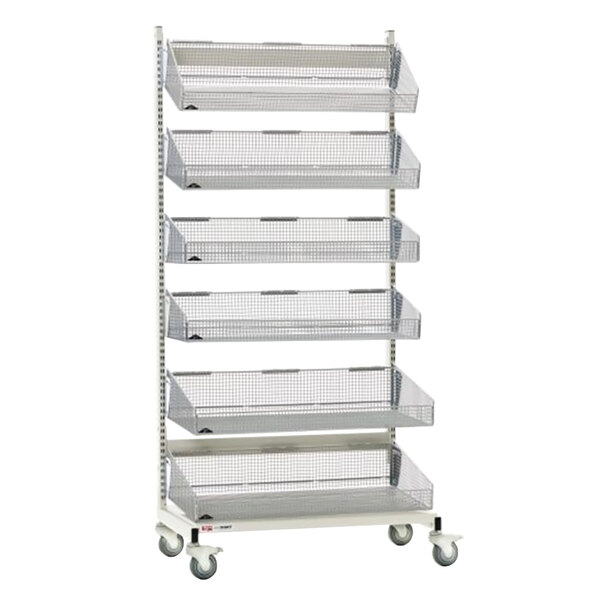A white metal Metro qwikSIGHT basket supply rack with six shelves on wheels.