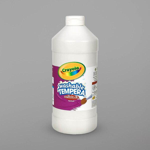A white bottle of Crayola Washable Tempera Paint with a purple label.