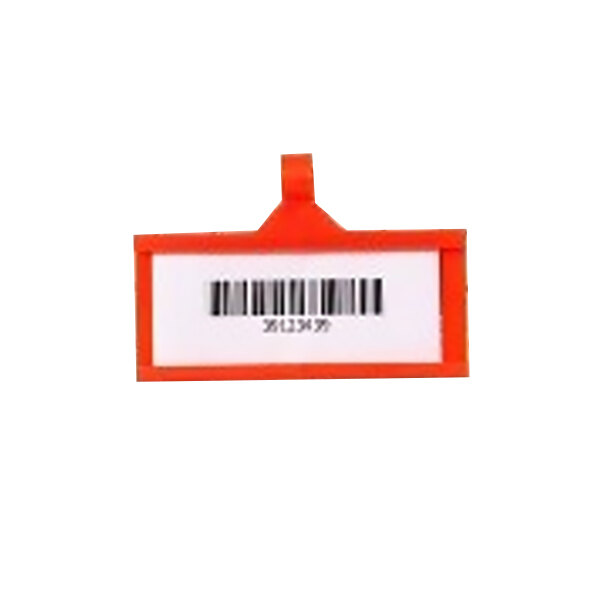 An orange plastic Metro qwikSIGHT label holder with a barcode tag.