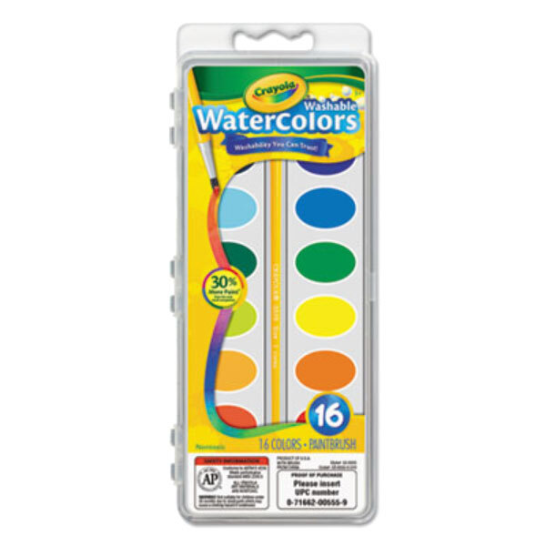 A box of 16 Crayola washable watercolor paints.