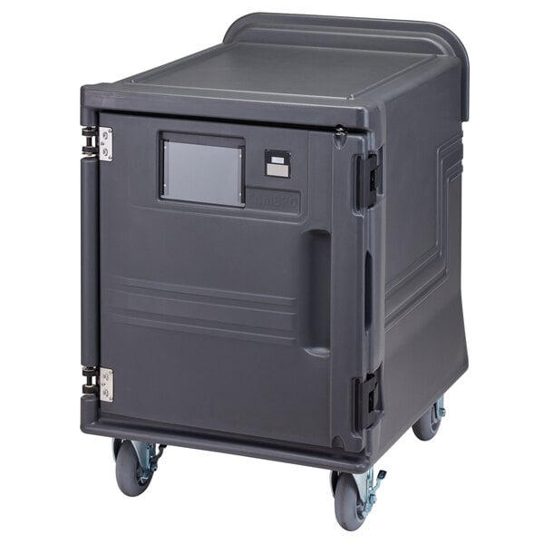 A charcoal gray Cambro low profile electric food holding cabinet on wheels.