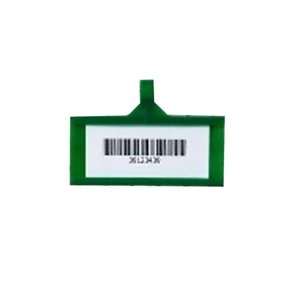 A green tag with a white barcode holder.