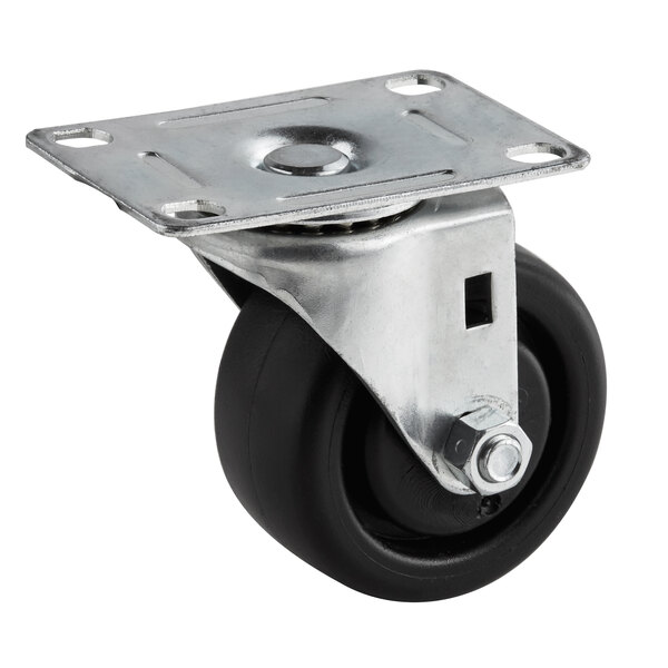 A black swivel plate caster with a metal plate and black wheel.