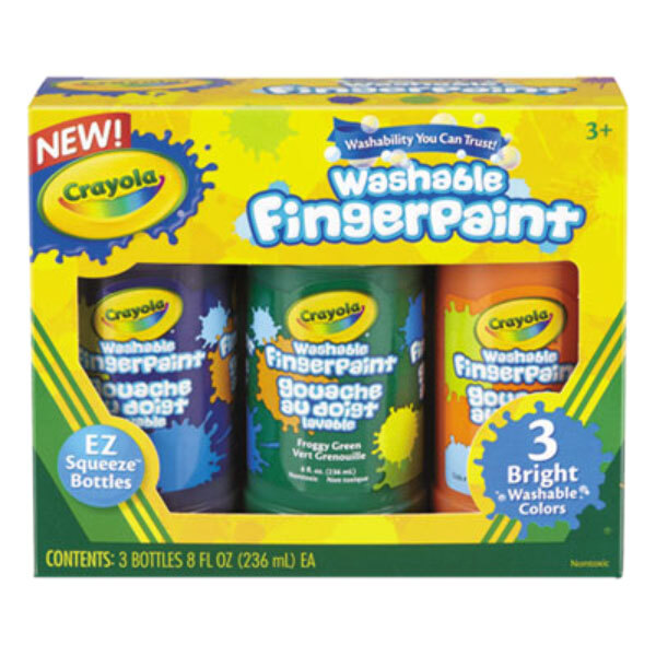 A box of Crayola Washable Finger Paint with green, yellow, and red cans.