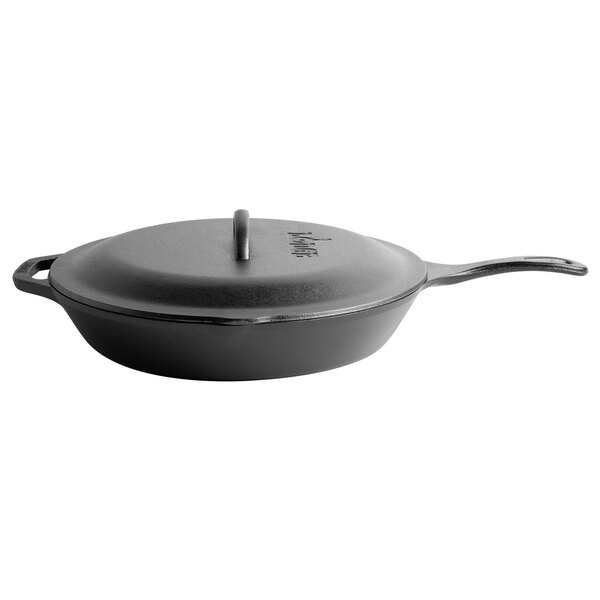 A Lodge cast iron skillet with a lid.