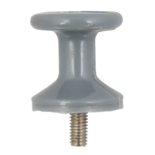 A close up of a grey plastic True shelf support knob with a screw.