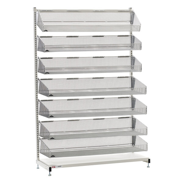 A Metro qwikSIGHT metal rack with seven basket shelves.