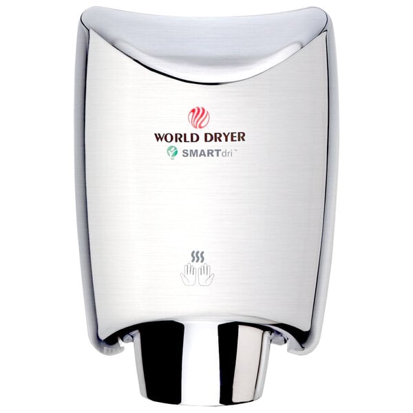 A close-up of a World Dryer SMARTdri Plus hand dryer with a silver finish.