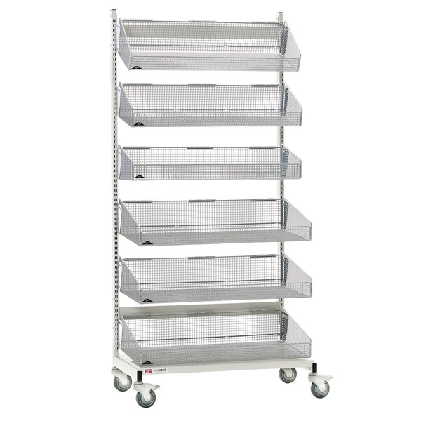 A Metro qwikSIGHT metal rack with six shelves on wheels.