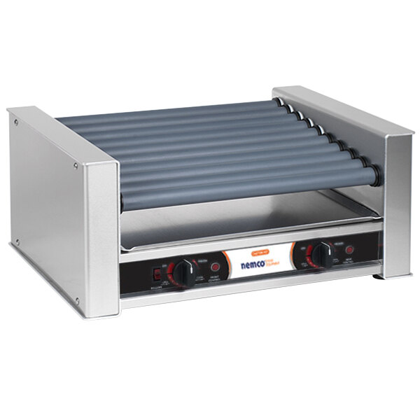A Nemco slanted hot dog roller grill on a counter with two rollers on top.
