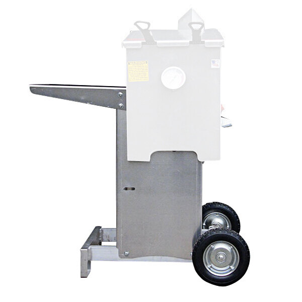 An aluminum fryer stand with wheels.