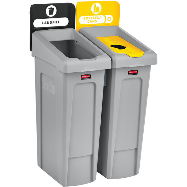 A Rubbermaid Slim Jim recycling station kit with two grey trash cans and yellow lids.