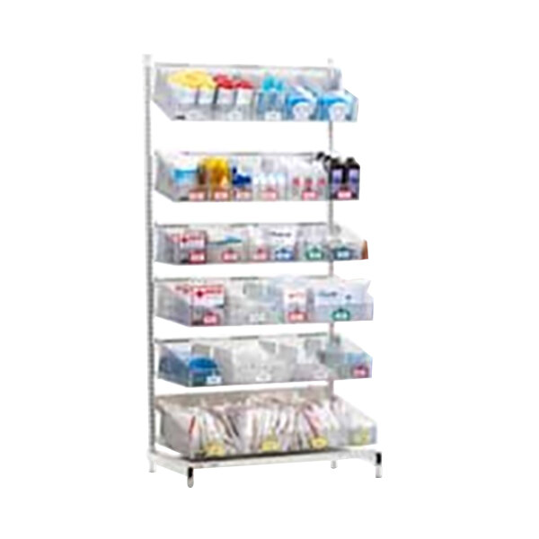 A Metro qwikSIGHT shelving unit with plastic bins on each shelf.