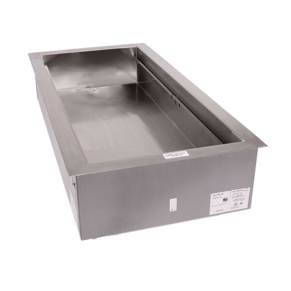 A stainless steel rectangular tub for a counter salad bar with a white label.