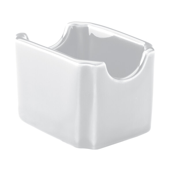A bright white ceramic sugar packet holder with a lid.