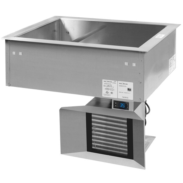 A stainless steel Alto-Shaam drop-in cold food well on a counter.