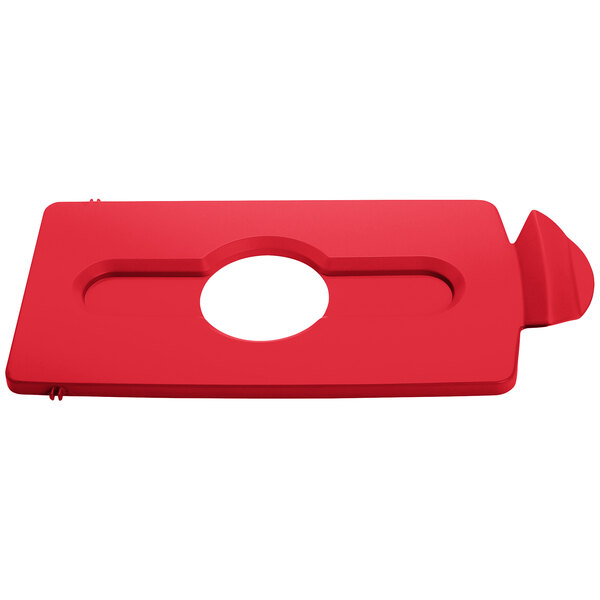 A red rectangular Rubbermaid lid with a hole in the middle.