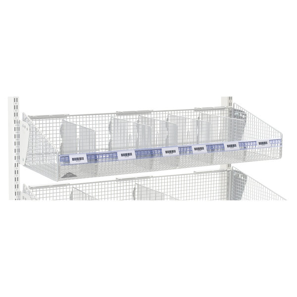A wire mesh shelf with blue and white labels in a Metro qwikSIGHT basket.