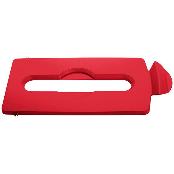A red rectangular Rubbermaid lid with a circular hole.