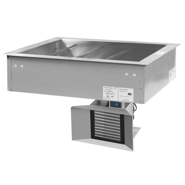 A stainless steel drop-in cold food well with four pans inside.