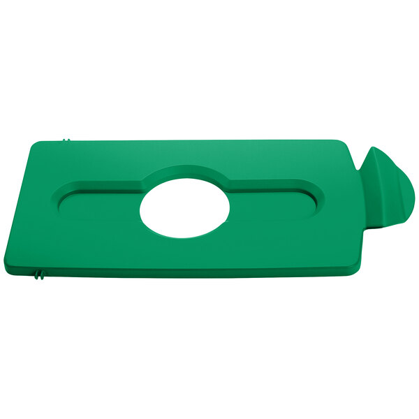 A green rectangular Rubbermaid lid with a white circle in the center.