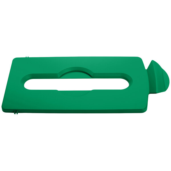 A green rectangular Rubbermaid lid with a white stripe and a hole.