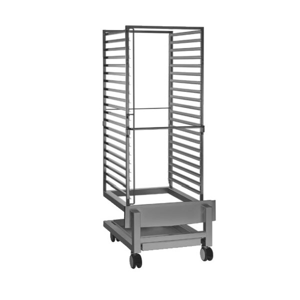 An Alto-Shaam stainless steel bun pan rack with a metal frame on wheels.