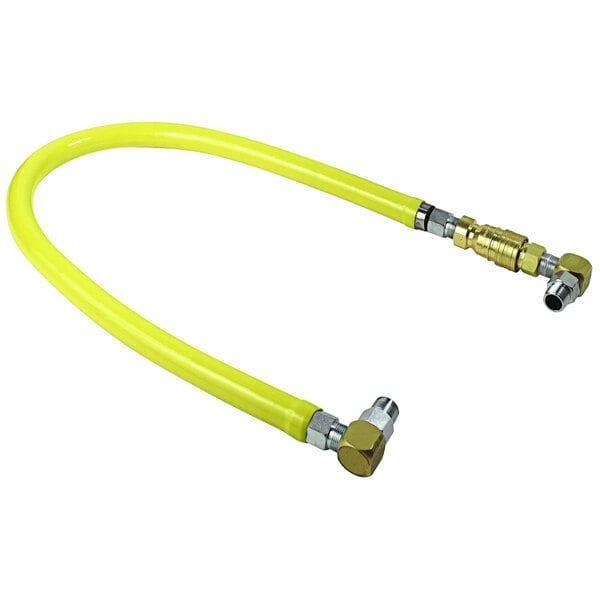 A yellow T&S Safe-T-Link gas hose with metal fittings on the end.