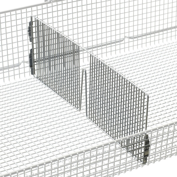 A white metal wire basket divider with two metal bars.