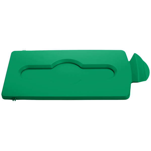 A green rectangular hinged lid insert with a hole.