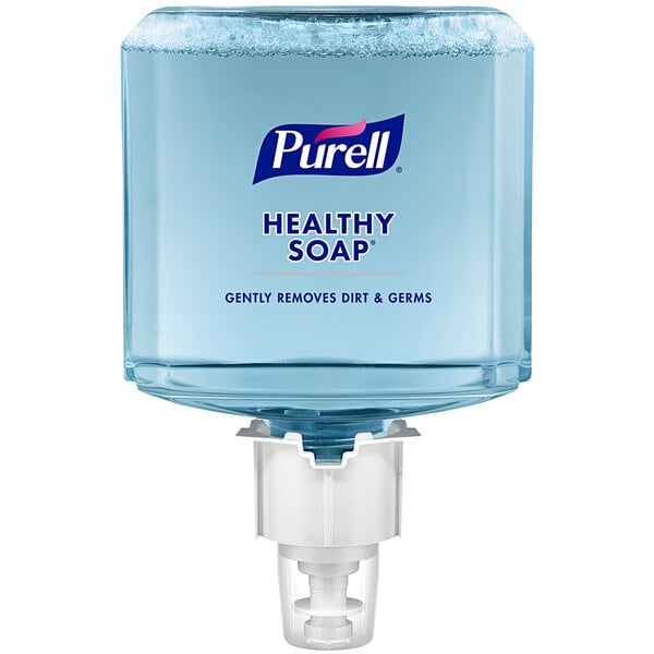 A clear plastic container of blue Purell® Professional Healthy Soap with a white label.