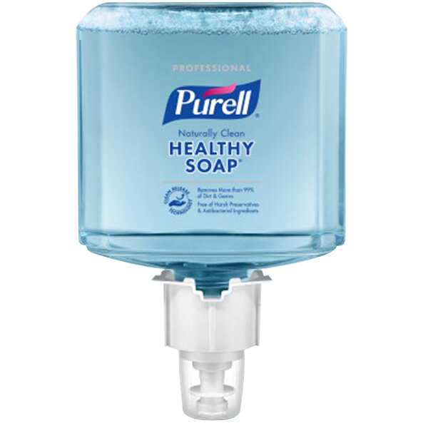 A Purell Healthy Soap dispenser with a clear plastic container filled with blue liquid and a black lid.