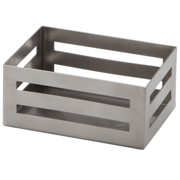 An American Metalcraft rectangular stainless steel sugar caddy with three compartments and holes in the top.