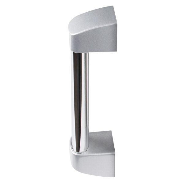 A silver metal Solwave microwave door handle with a chrome finish.