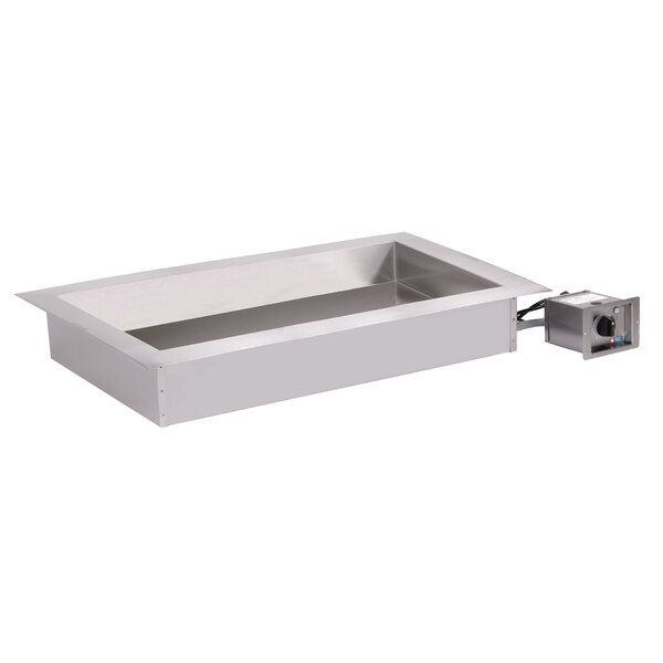 A stainless steel rectangular tub with a control panel.
