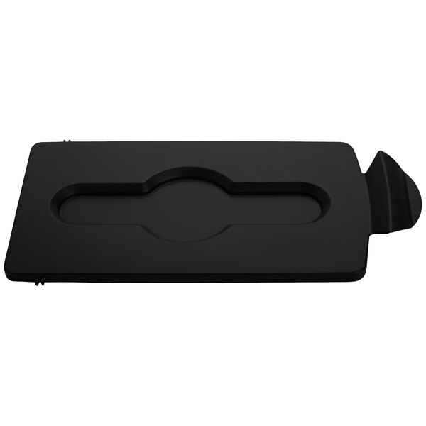 A black rectangular Rubbermaid lid insert with a hole in the middle.