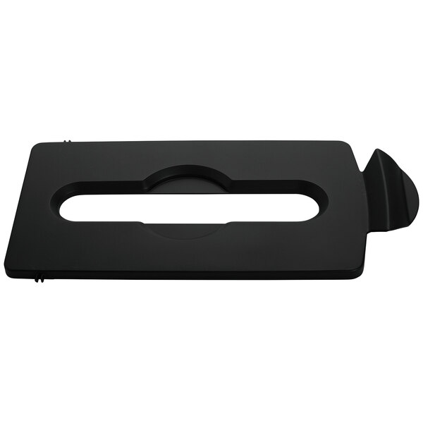 A black rectangular Rubbermaid lid with a rectangular hole.