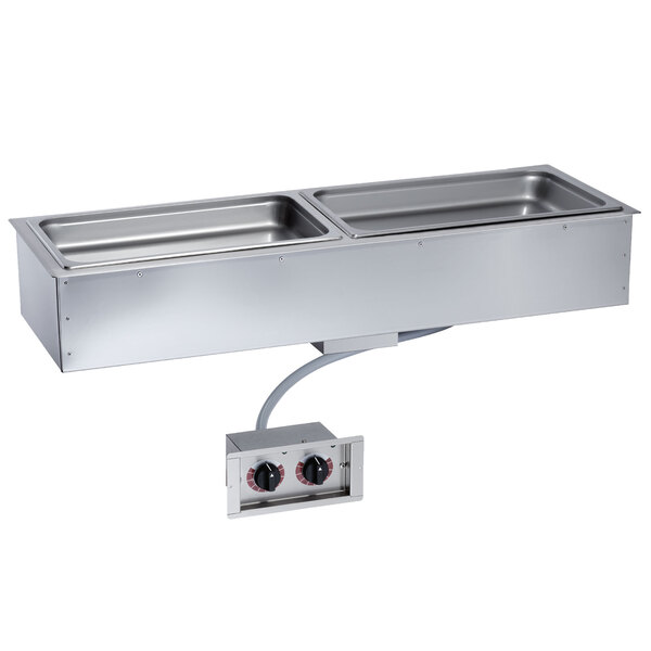 An Alto-Shaam drop-in hot food well with two stainless steel food pans.