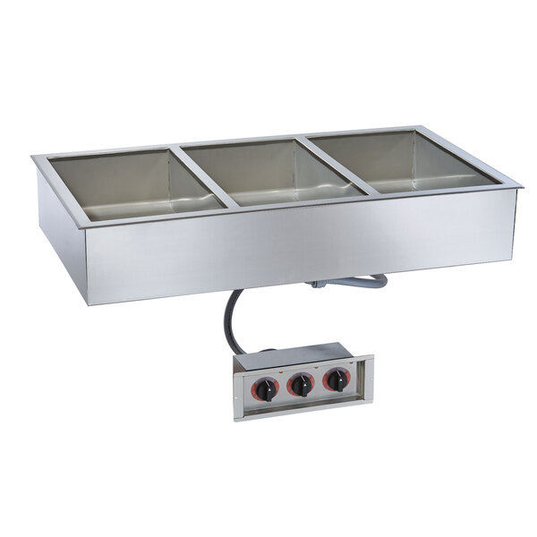 A stainless steel Alto-Shaam drop-in hot food well with three compartments on a counter.