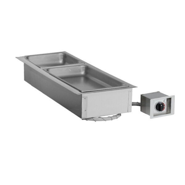 An Alto-Shaam stainless steel drop-in hot food well with a drain.