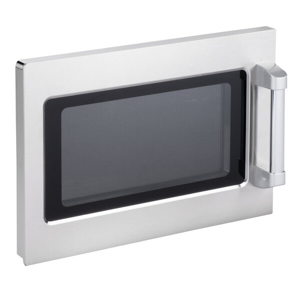 A stainless steel Solwave microwave door with a black glass panel.