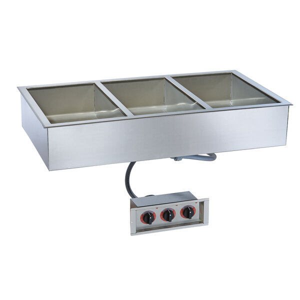 An Alto-Shaam stainless steel drop-in hot food well with three compartments.