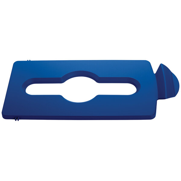 A blue rectangular Rubbermaid lid with a hole in the middle.