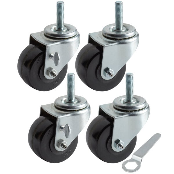 A set of four black swivel stem casters with screws and nuts.