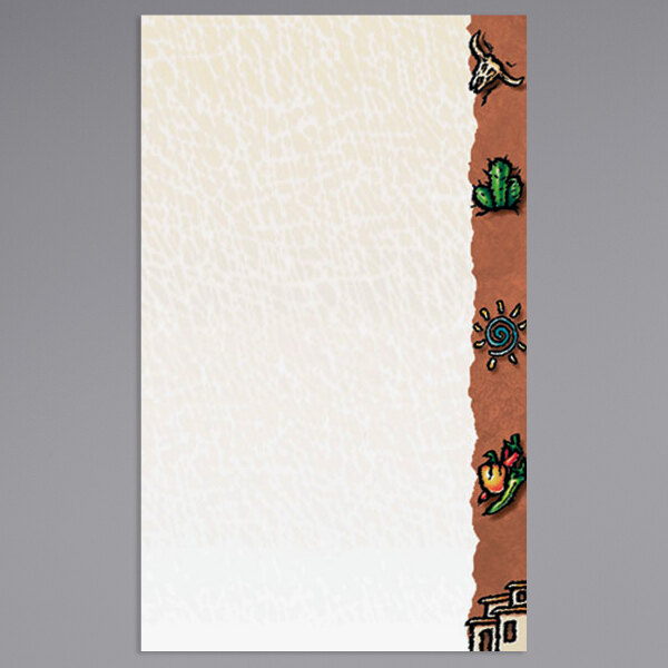 Menu paper with a white border and drawings of a lizard, bird, bull's head, spiral, and sun.