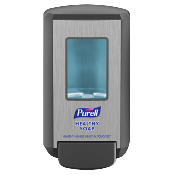 A close-up of a Purell Healthy Soap manual soap dispenser with a clear window and a black frame.