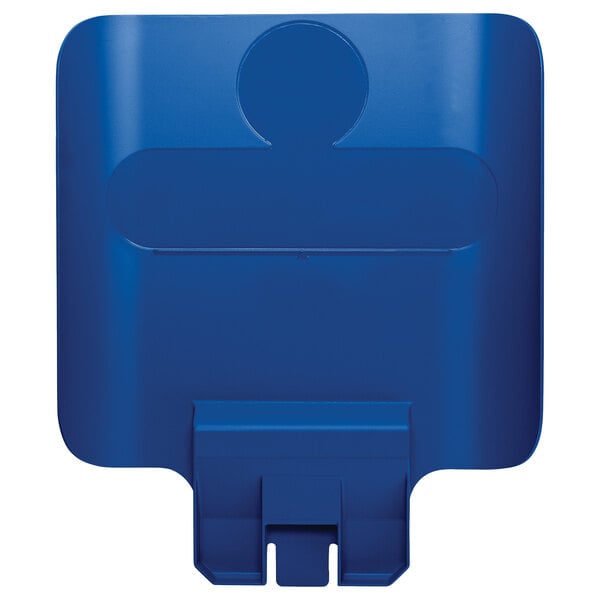 A blue plastic Rubbermaid Slim Jim Recycling container with a hole in the top.